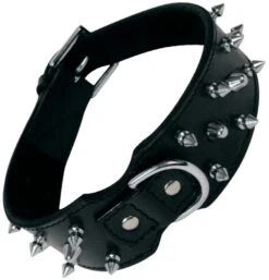 Gloria Pets Leather Collar With 3 Rows Of Spikes Black